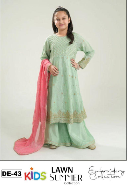 Kids 3PC Embroidered Summer Dress With Net Dupatta - Unstitched - DE-43