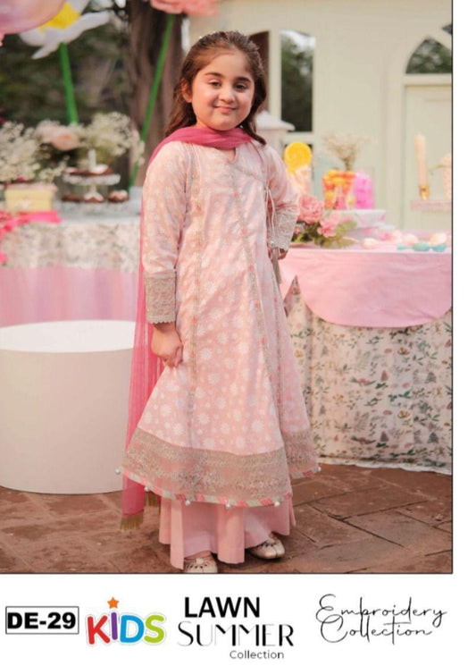 Kids 3PC Embroidered Summer Dress With Net Dupatta - Unstitched - DE-29