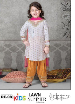 Kids 3PC Embroidered Summer Dress With Net Dupatta - Unstitched - DE-08