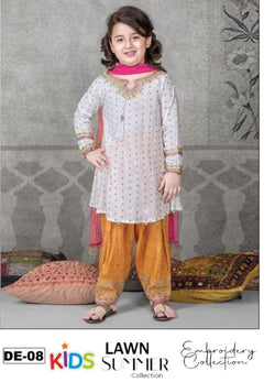 Kids 3PC Embroidered Summer Dress With Net Dupatta - Unstitched - DE-08