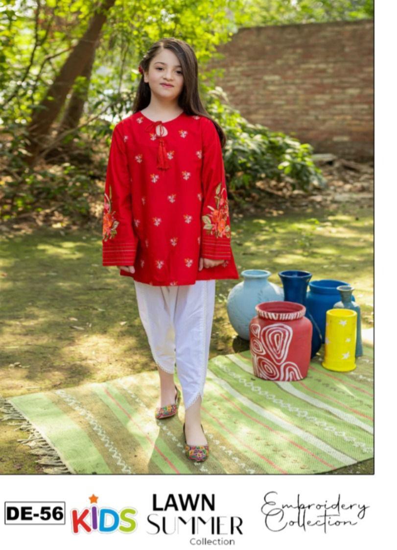 Kids 3PC Embroidered Summer Dress With Net Dupatta - Unstitched - DE-56