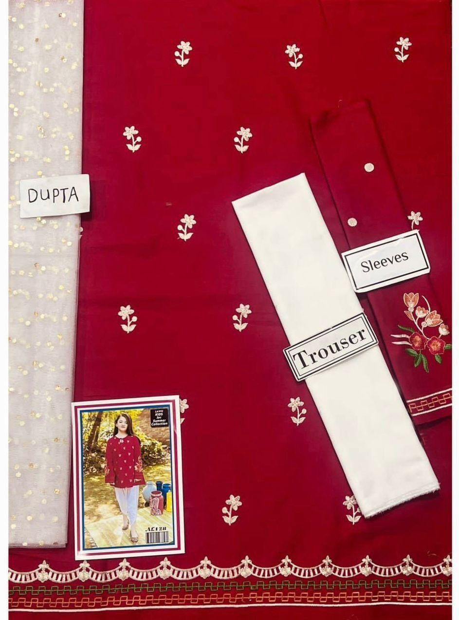 Kids 3PC Embroidered Summer Dress With Net Dupatta - Unstitched - DE-56