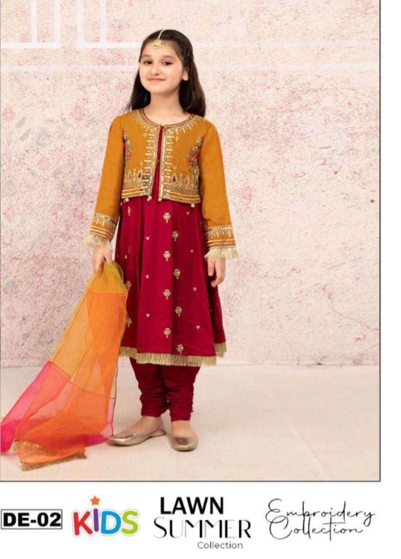 Kids 3PC Embroidered Summer Dress With Net Dupatta - Unstitched - DE-02