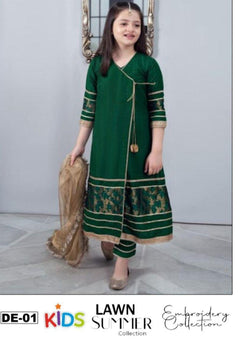 Kids 3PC Embroidered Summer Dress With Net Dupatta - Unstitched - DE-01