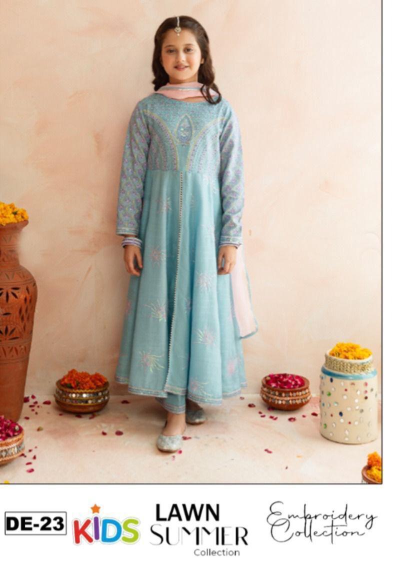 Kids 3PC Embroidered Summer Dress With Net Dupatta - Unstitched - DE-23