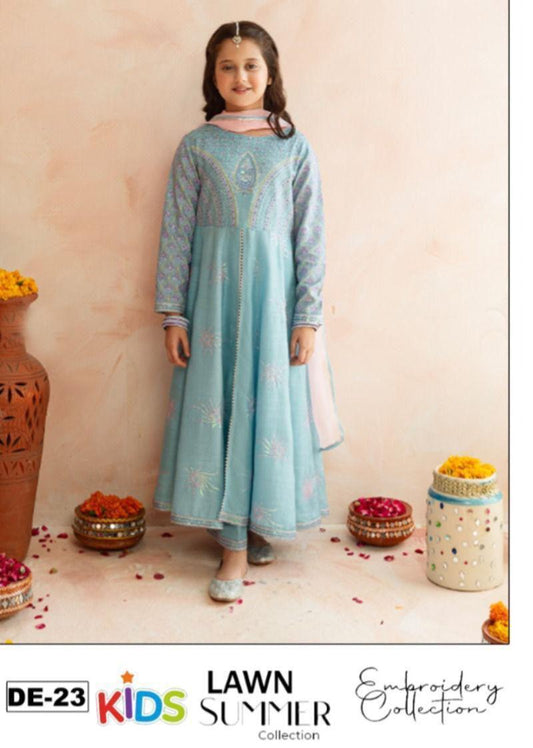 Kids 3PC Embroidered Summer Dress With Net Dupatta - Unstitched - DE-23