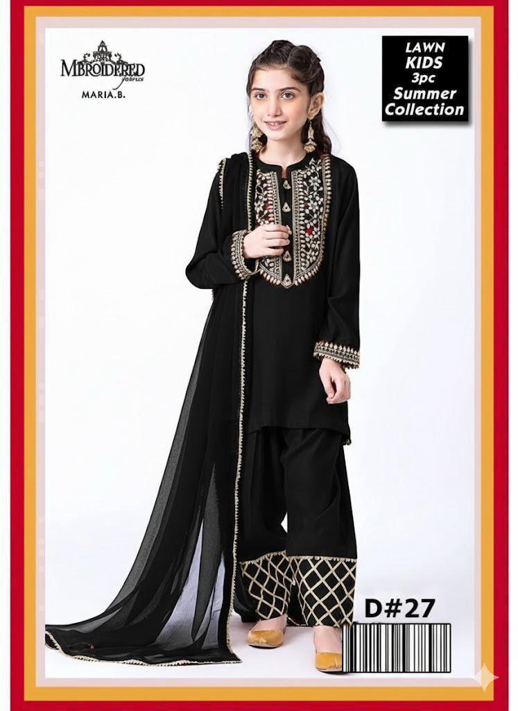 Kids 3PC Embroidered Summer Dress With Net Dupatta - Unstitched - DE-06
