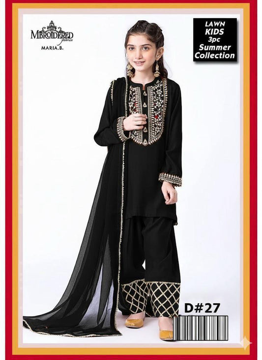 Kids 3PC Embroidered Summer Dress With Net Dupatta - Unstitched - DE-06