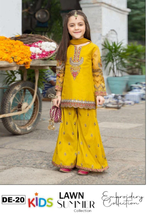 Kids 3PC Embroidered Summer Dress With Net Dupatta - Unstitched - DE-20