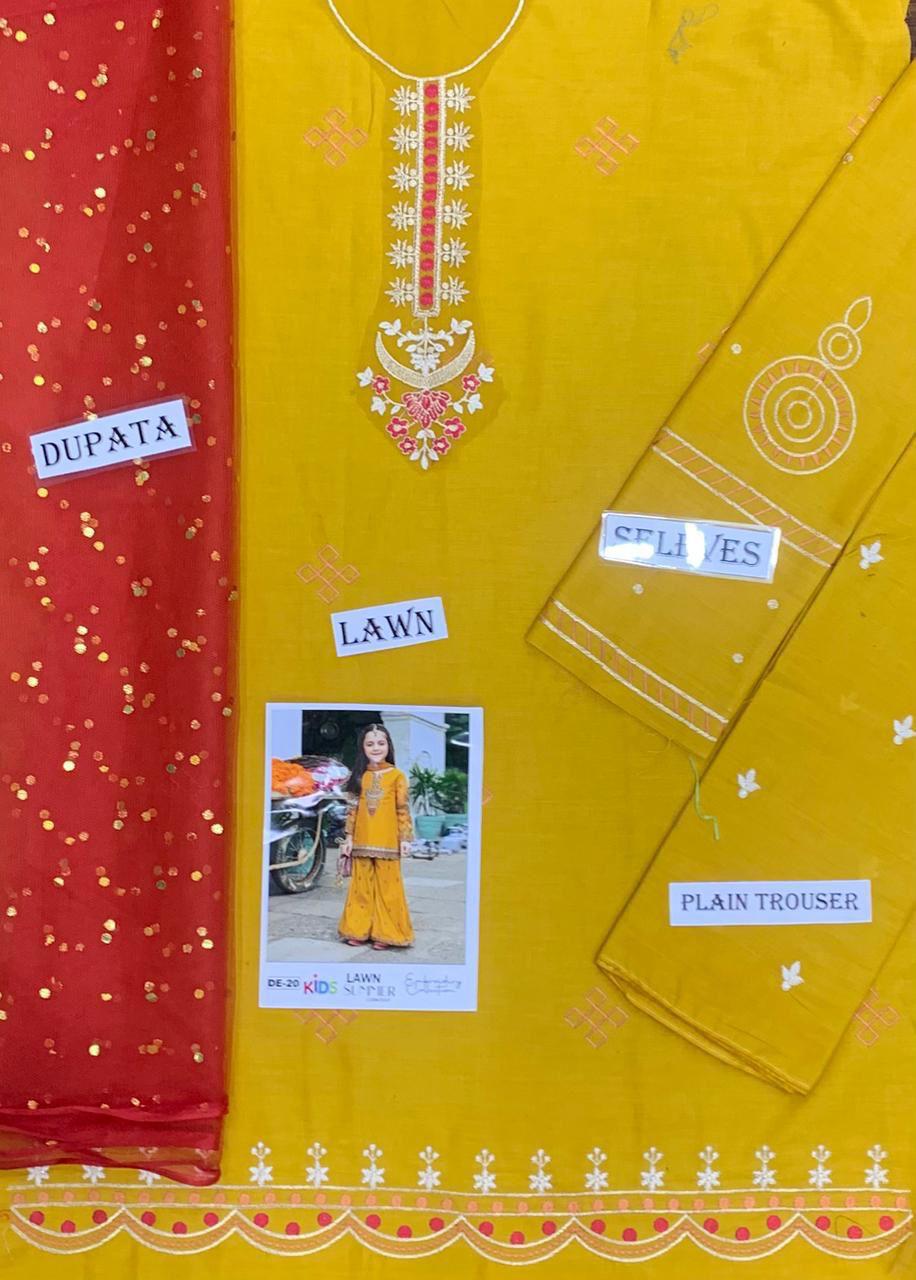 Kids 3PC Embroidered Summer Dress With Net Dupatta - Unstitched - DE-20