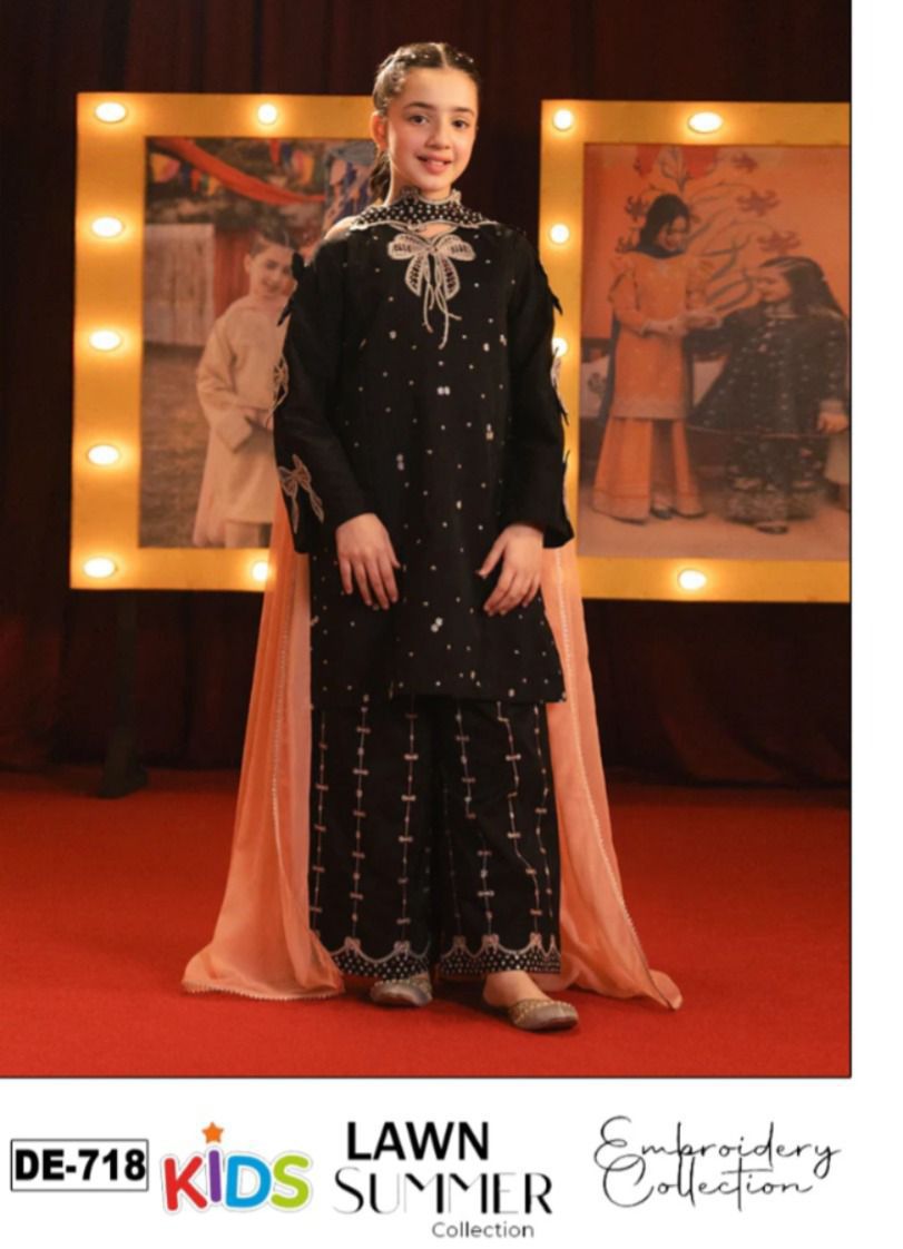 Kids 3PC Embroidered Summer Dress With Net Dupatta - Unstitched - DE-718
