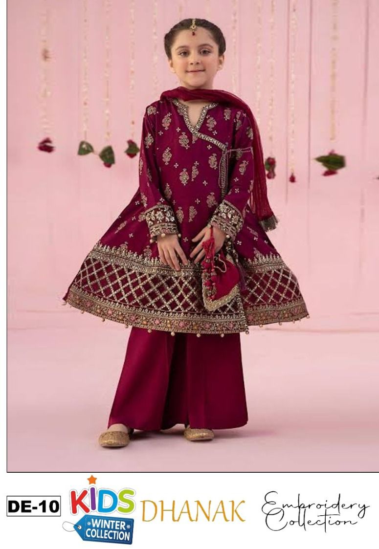 Kids 3PC Embroidered Summer Dress With Net Dupatta - Unstitched - DE-10