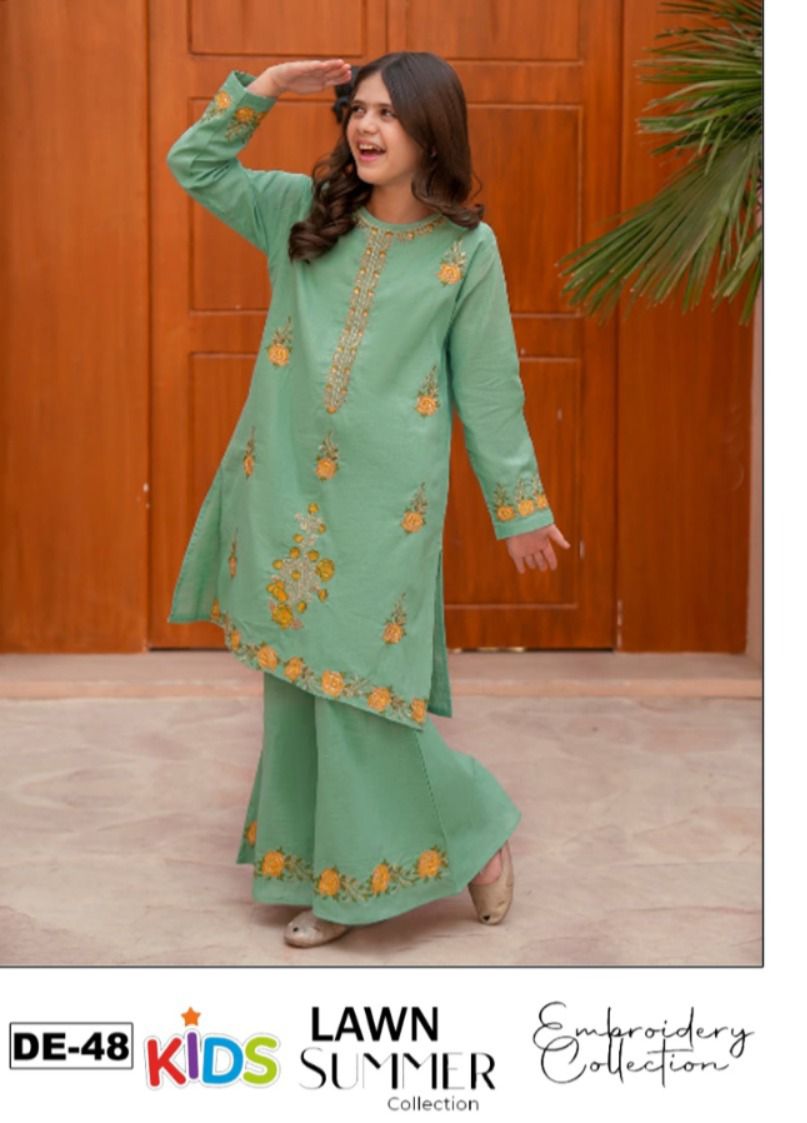 Kids 3PC Embroidered Summer Dress With Net Dupatta - Unstitched - DE-48
