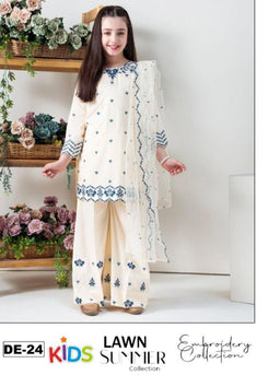 Kids 3PC Embroidered Summer Dress With Net Dupatta - Unstitched - DE-24