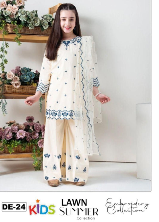 Kids 3PC Embroidered Summer Dress With Net Dupatta - Unstitched - DE-24