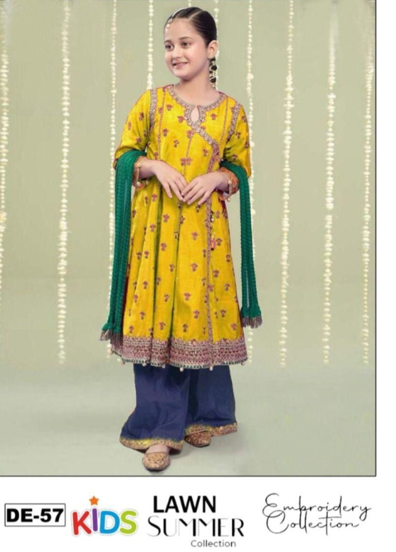 Kids 3PC Embroidered Summer Dress With Net Dupatta - Unstitched - DE-57