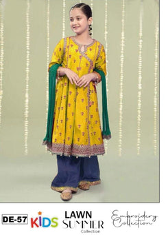 Kids 3PC Embroidered Summer Dress With Net Dupatta - Unstitched - DE-57