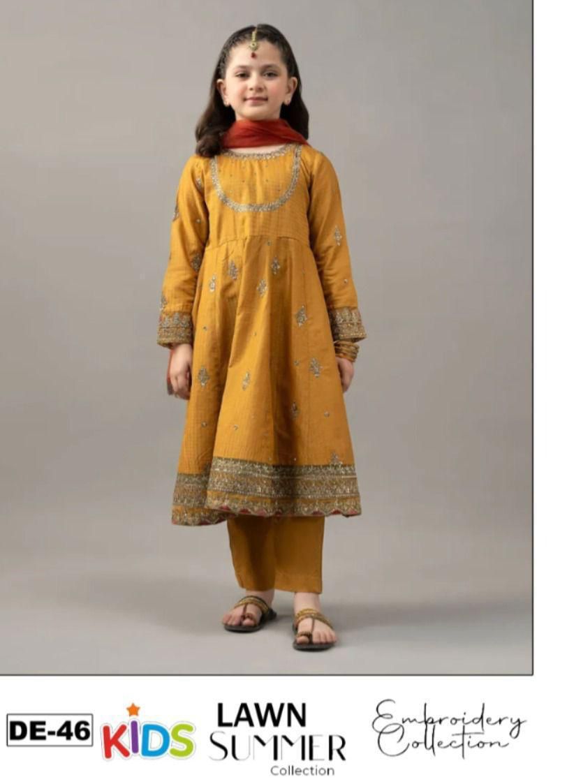 Kids 3PC Embroidered Summer Dress With Net Dupatta - Unstitched - DE-46