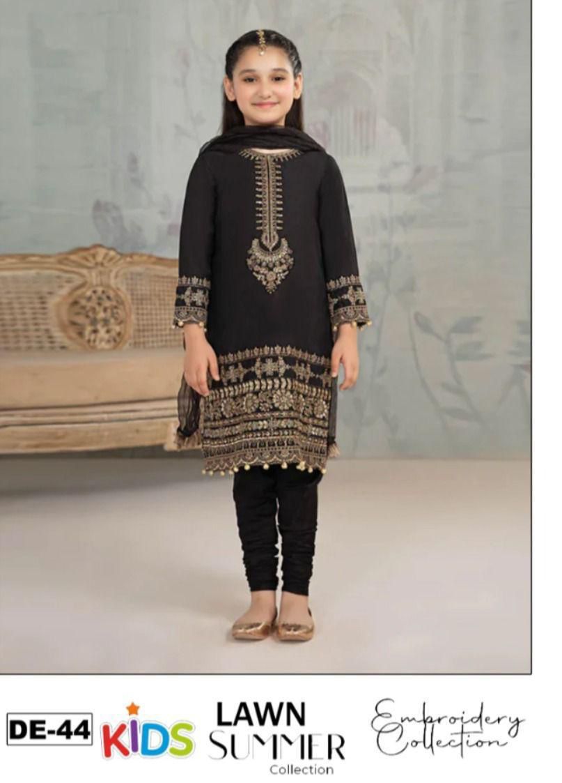 Kids 3PC Embroidered Summer Dress With Net Dupatta - Unstitched - DE-44