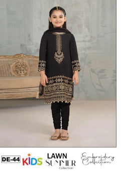 Kids 3PC Embroidered Summer Dress With Net Dupatta - Unstitched - DE-44
