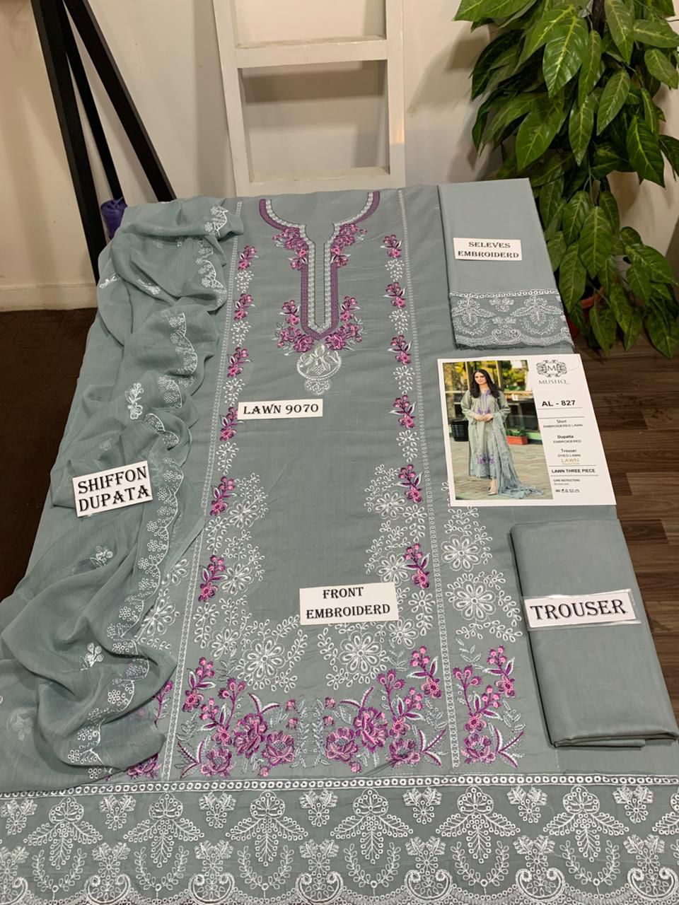 3 Piece - Embroidered Lawn Suit With Chiffon Emb Dupatta AL-827