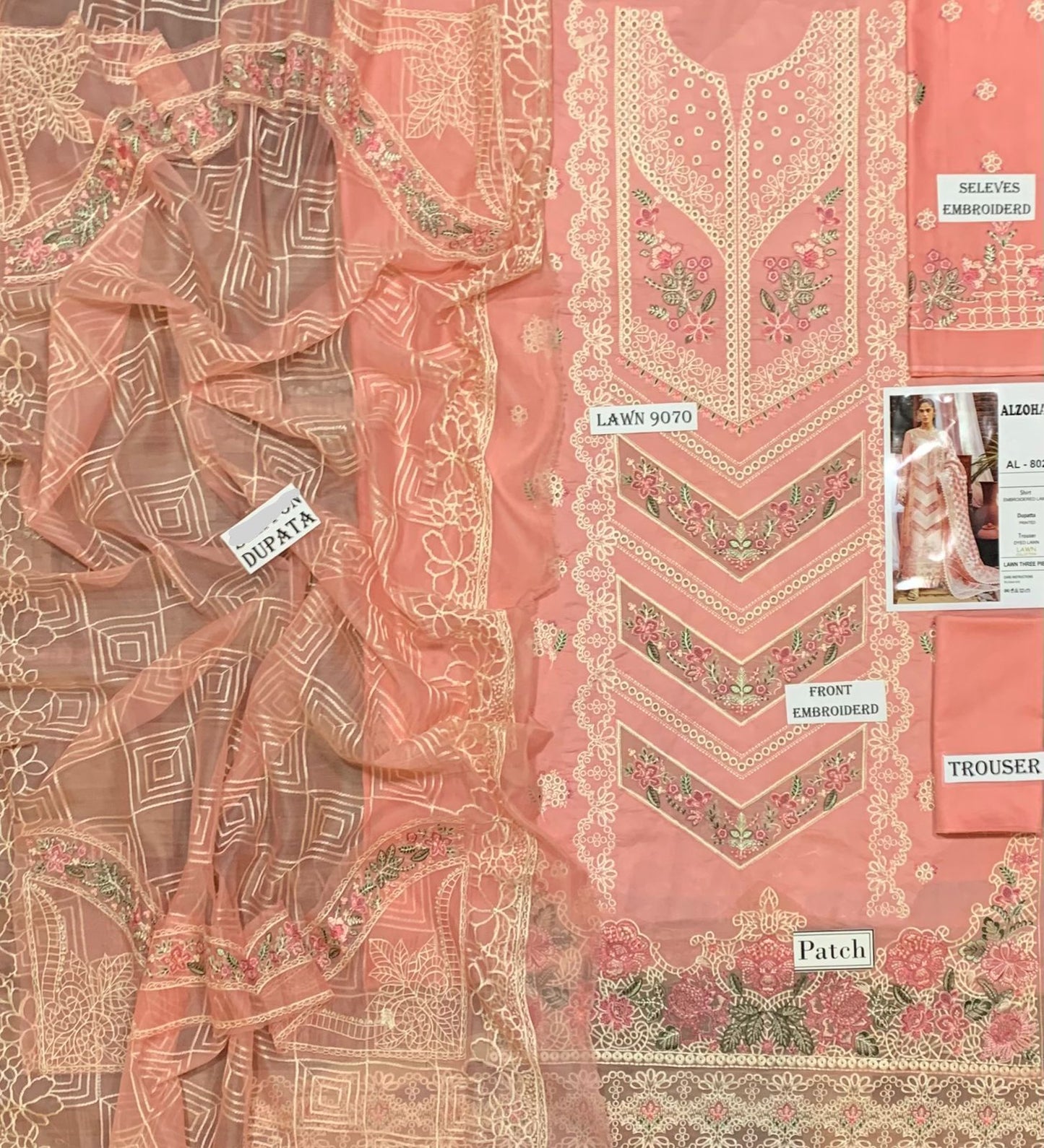 3 Piece - Embroidered Lawn Suit With Chiffon Emb Dupatta AL-802