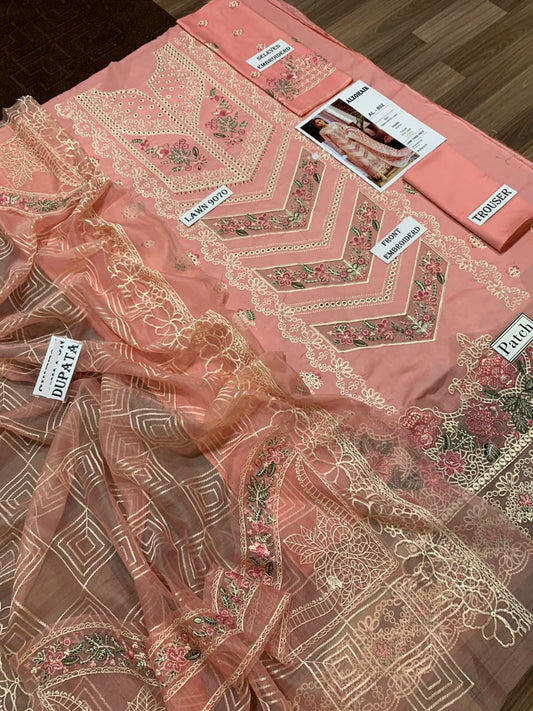 3 Piece - Embroidered Lawn Suit With Chiffon Emb Dupatta AL-802