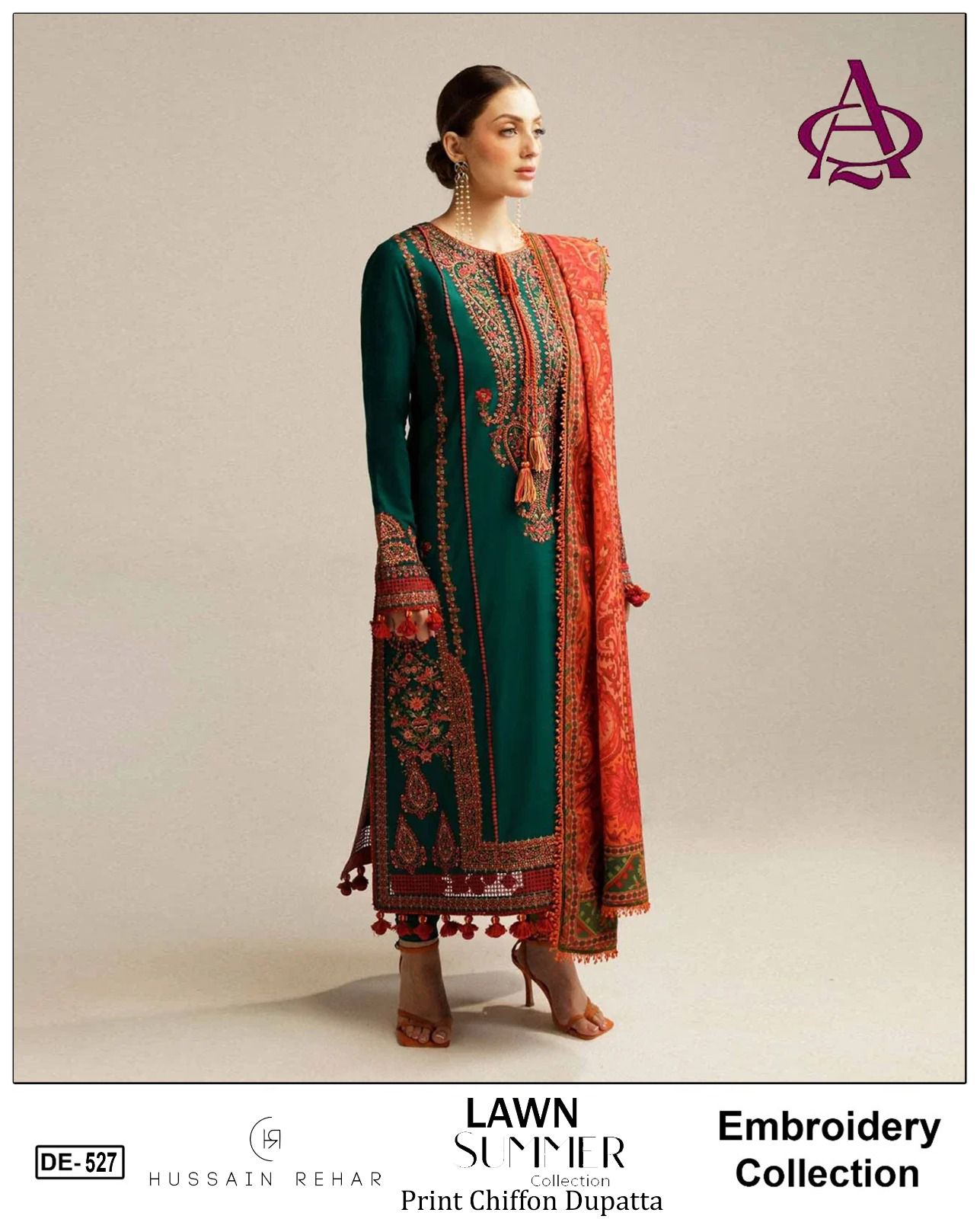 3 Piece - Embroidered Lawn Suit With Chiffon Emb Dupatta DE-527