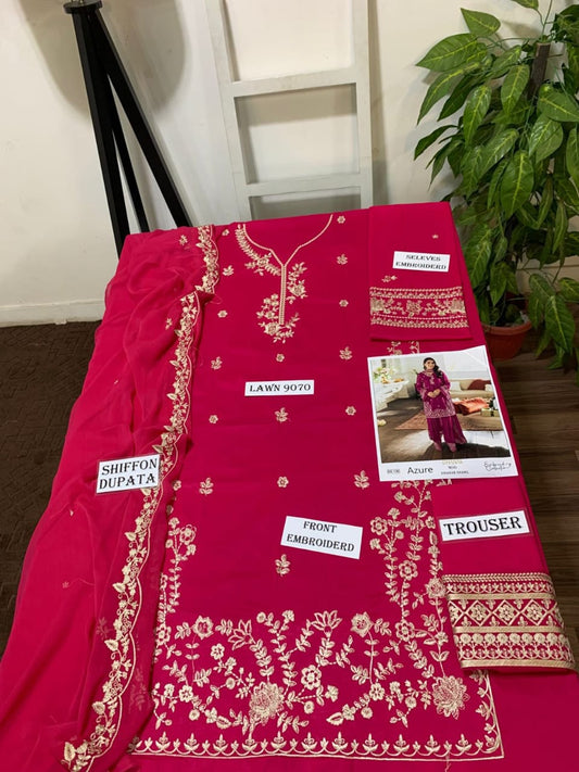 3 Piece - Embroidered Lawn Suit With Chiffon Emb Dupatta DE-512