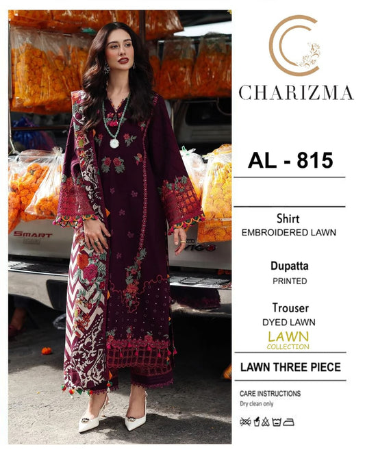 3 Piece - Embroidered Lawn Suit With Chiffon Emb Dupatta AL-815