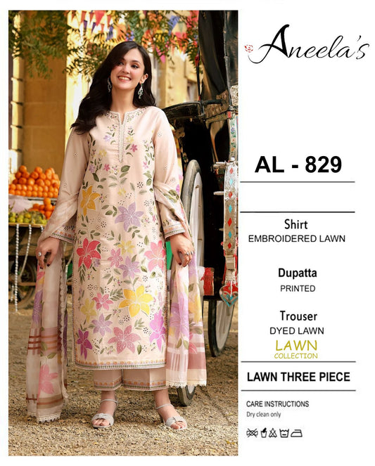 3 Piece - Embroidered Lawn Suit With Chiffon Emb Dupatta AL-829