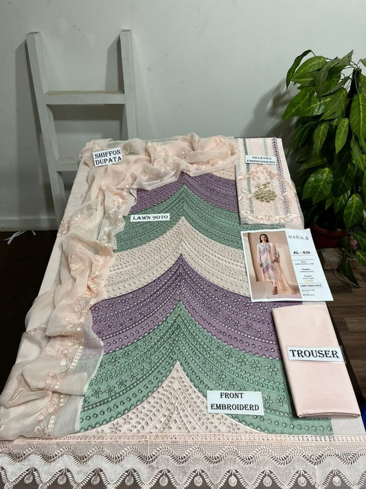 3 Piece - Embroidered Lawn Suit With Chiffon Emb Dupatta AL-830