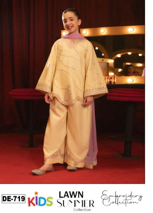Kids 3PC Embroidered Summer Dress With Net Dupatta - Unstitched - DE-719