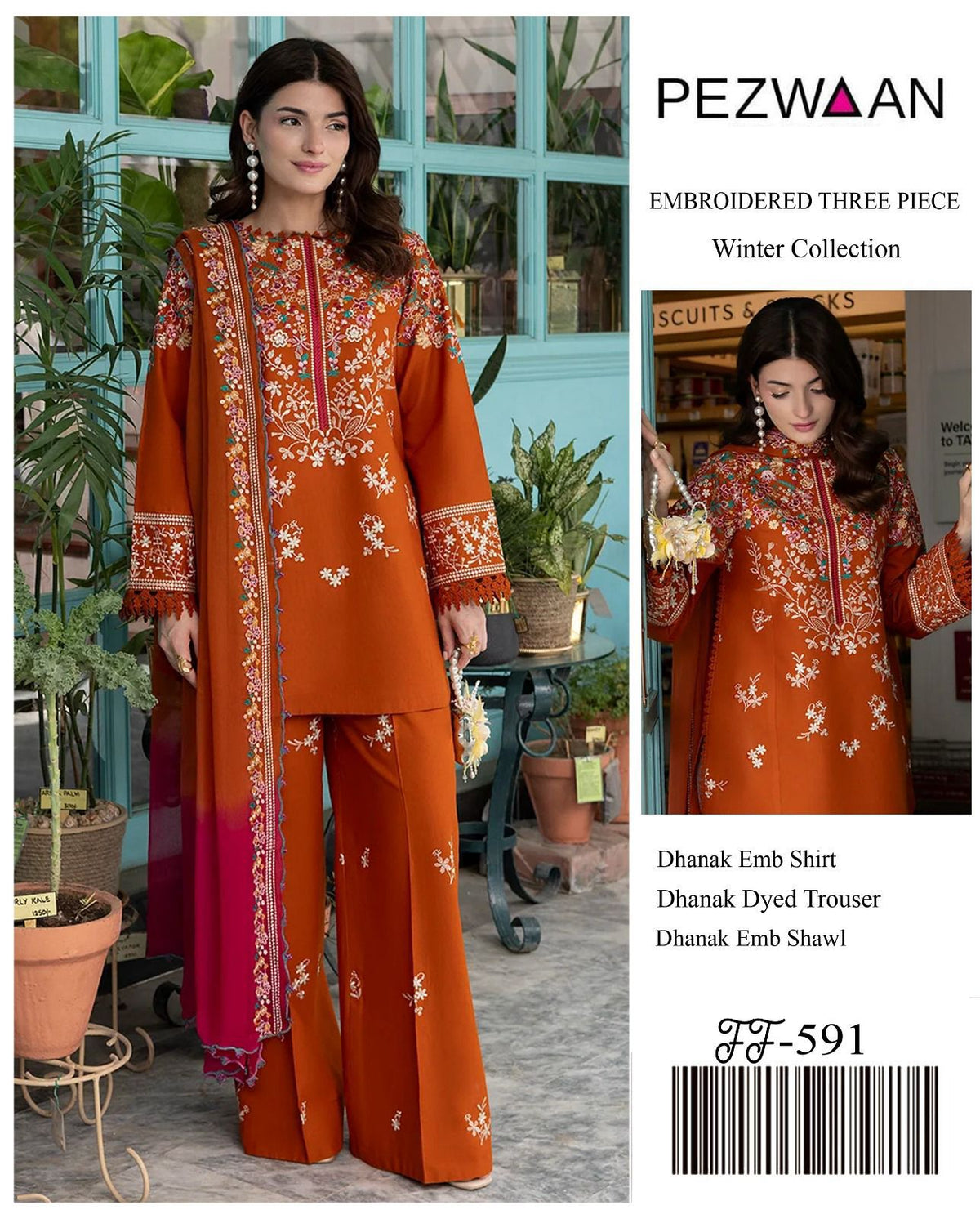 3-Piece Peezwan Inspired Premium Embroidered Dhanak Suit FF-591