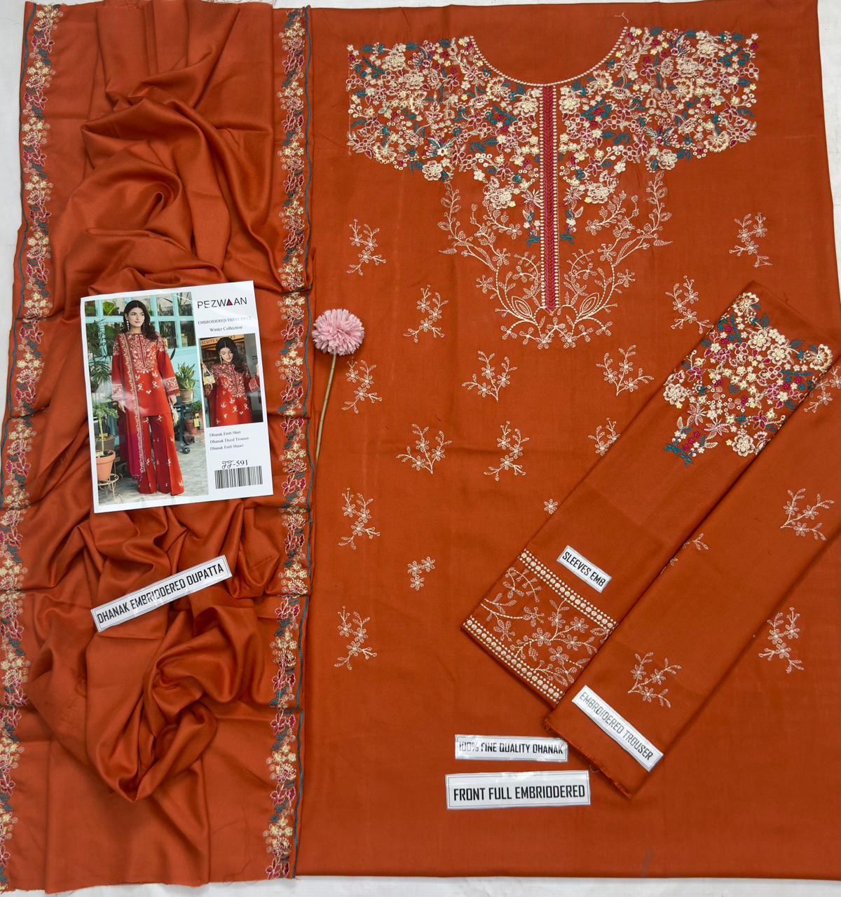 3-Piece Peezwan Inspired Premium Embroidered Dhanak Suit FF-591