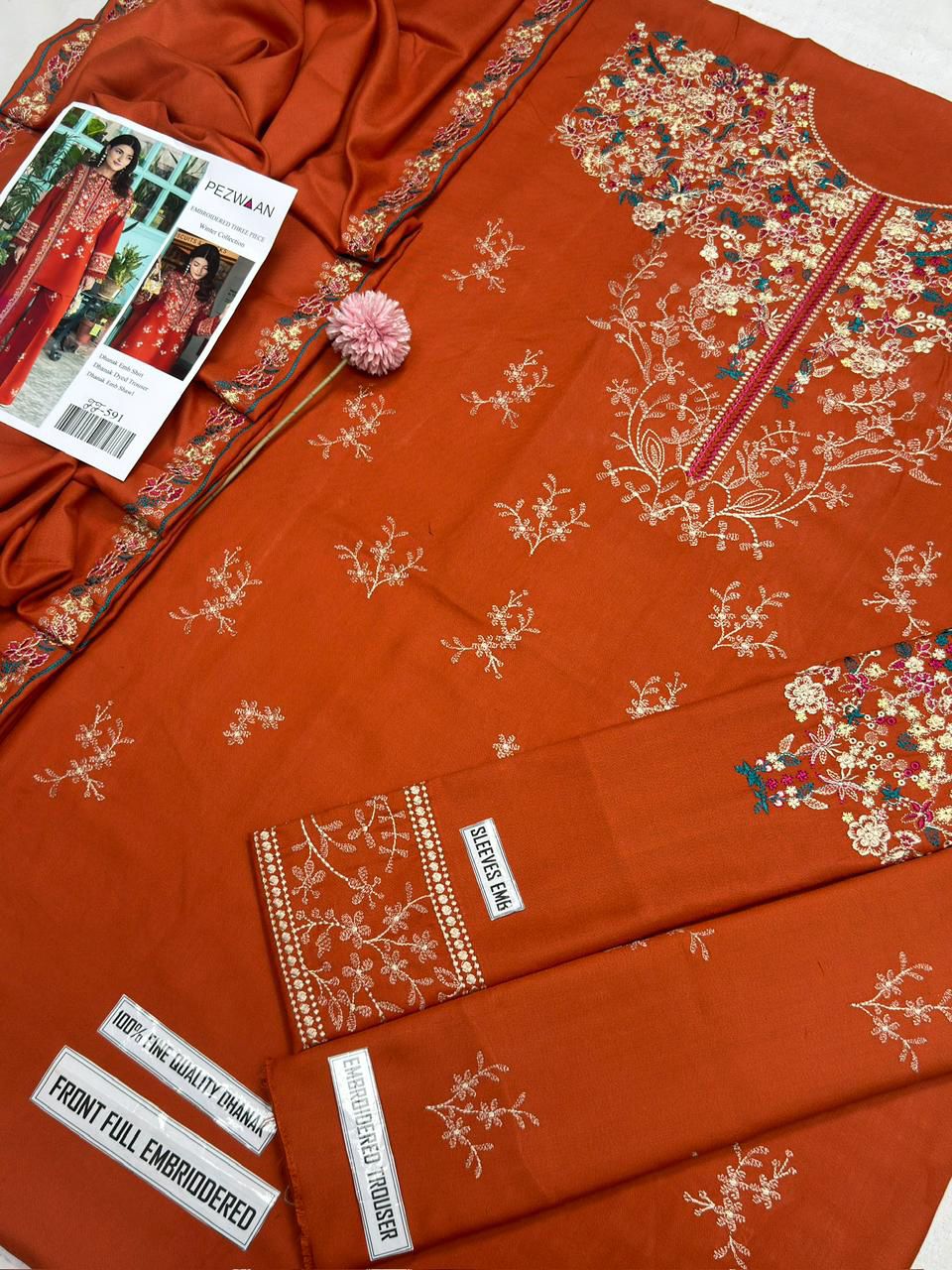 3-Piece Peezwan Inspired Premium Embroidered Dhanak Suit FF-591